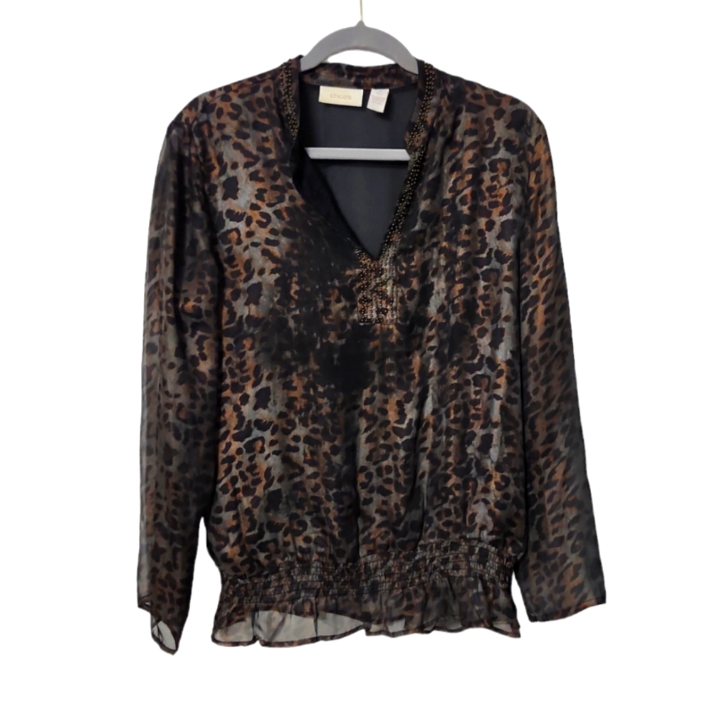 Chico's Women's Sheer Leopard Print‎ Sleek Blouse Size 1